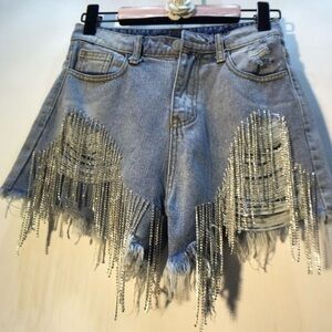 Glitz Denim Shorts with jacket Set  Silver Fringe